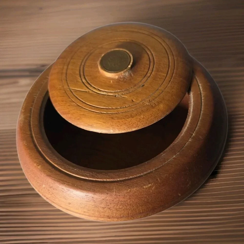 Solid Wood Jamaica Coin Lid Round Storage Box Mid-Century 1969